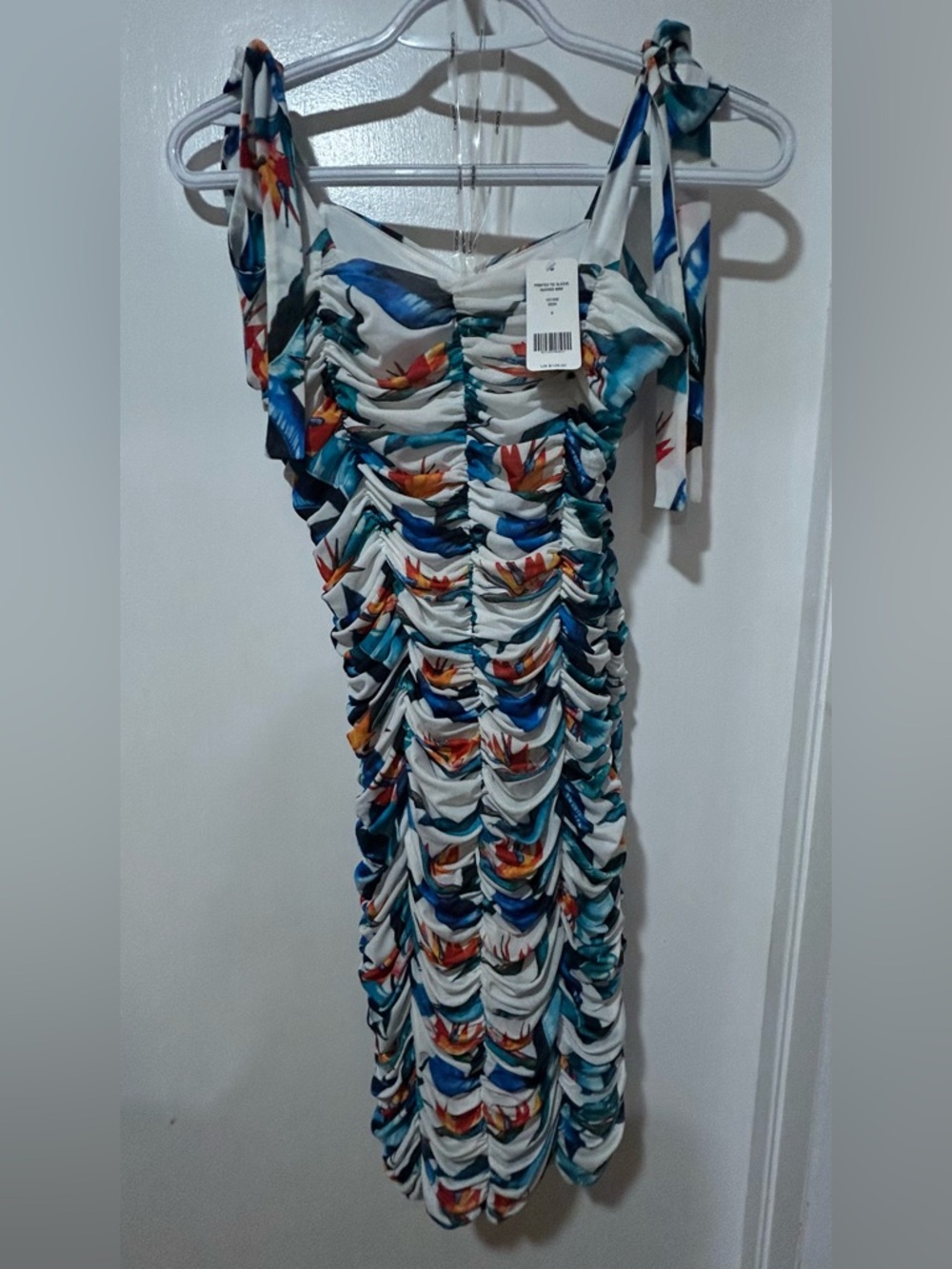 BeBe Women's Ruched Floral Tie Strap Bodycon Party Dress, size S
